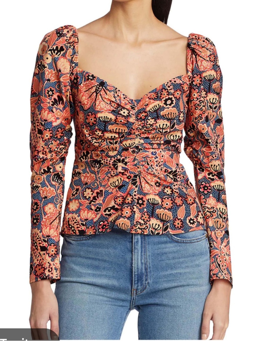 A.L.C. Floral Sweetheart Puff-Sleeve Chandler Top in Chestnut & Dark Navy | 8